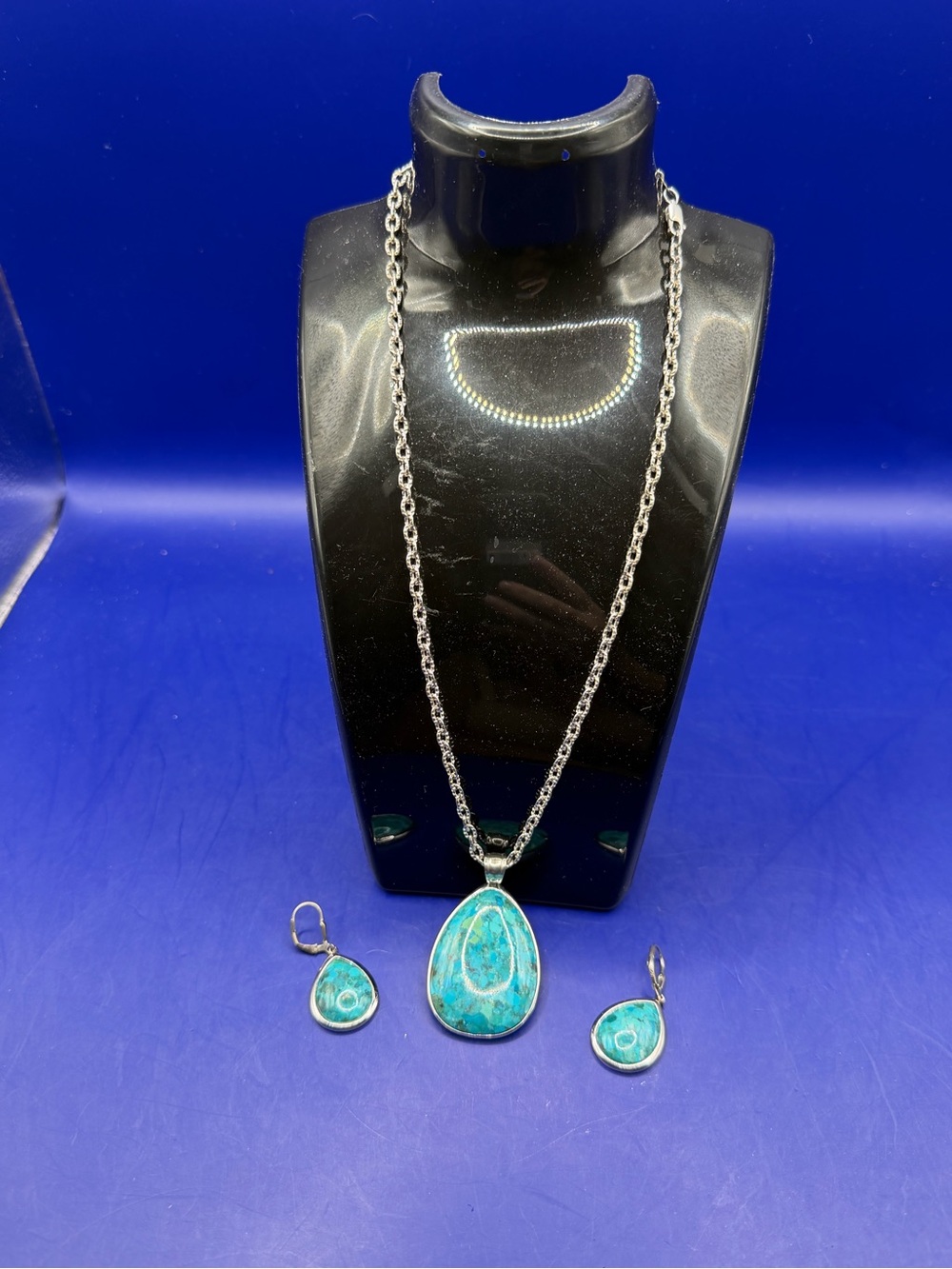 Turquoise Teardrop Pendant Necklace and Earrings Set Stamped 925
